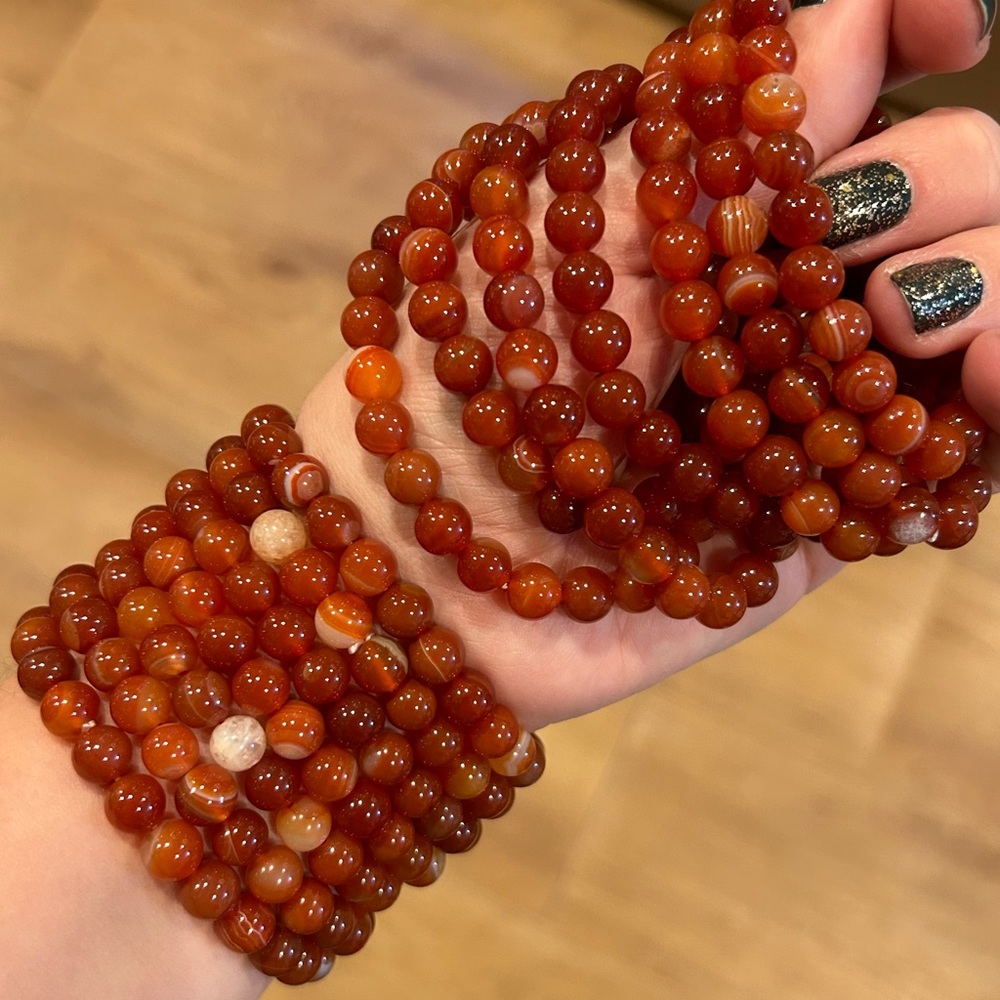 Carnelian 8mm Beaded Stretch Bracelet - Rich Orange Red - priced pet bracelet